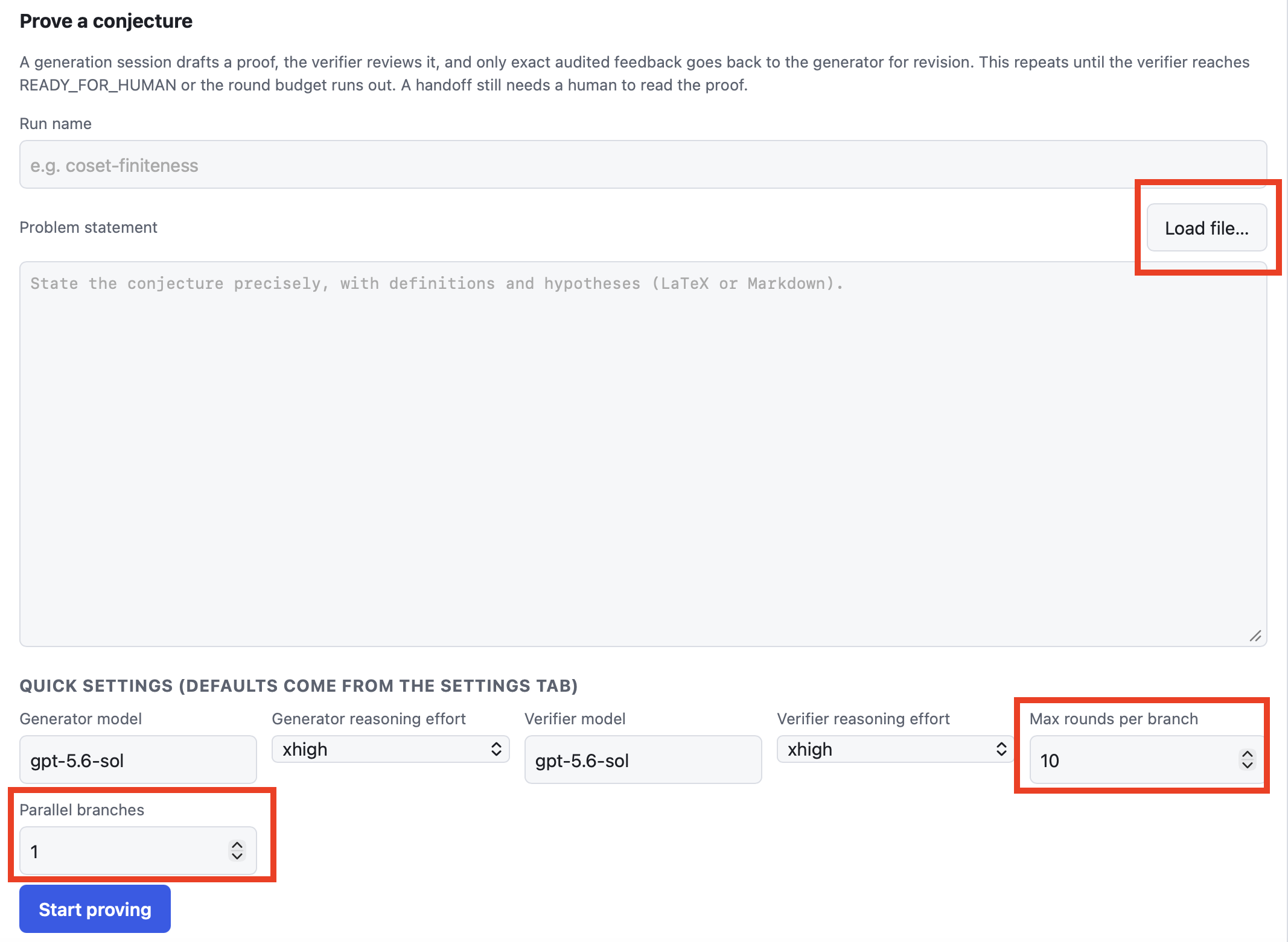 Configuring a proof-generation run in Rethlas-OSV