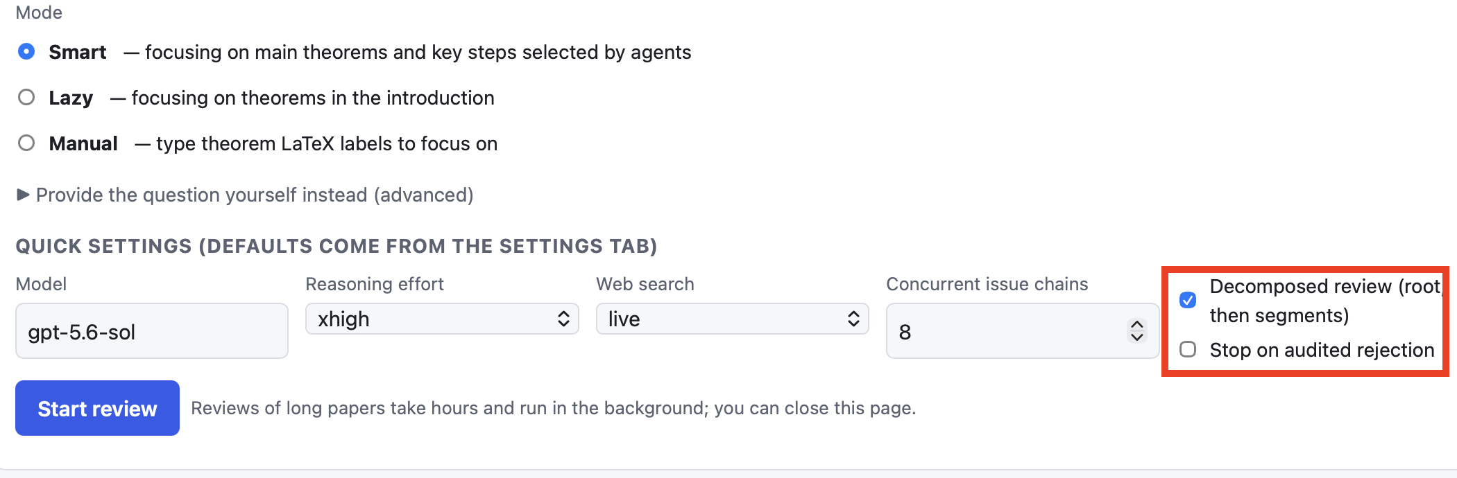Verification options and the Start review button in Rethlas-OSV