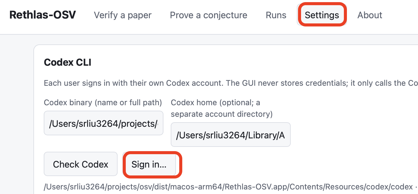 The Codex CLI sign-in settings in Rethlas-OSV